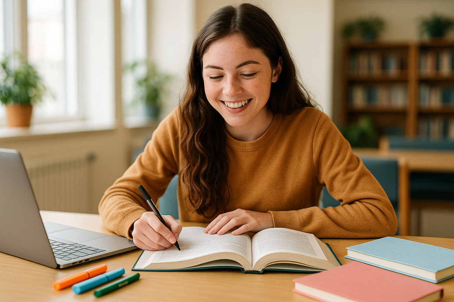 college student, female, studying, happy